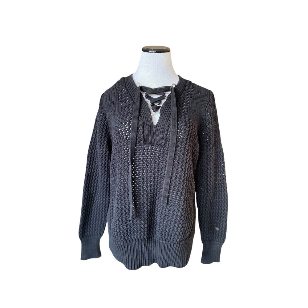 Derek Lam 10 Crosby Lace Up Chunky Open‎ Knit Sweater Size L Black Quiet Luxury